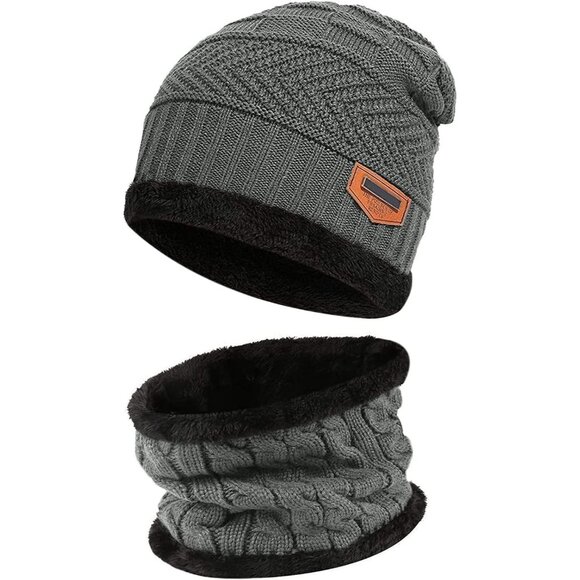 🆕 Kids Grey Toddler Winter Warm Knit Beanie Hat Neck Scarf Set Fleece Cap Gift - Picture 1 of 6